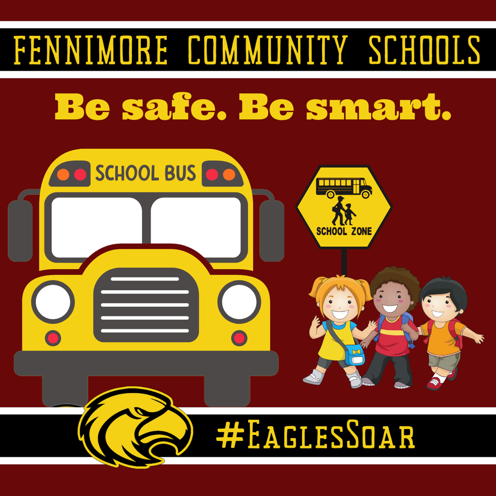 Be smart be safe school is starting graphic with 3 students in crosswalk heading to a bus
