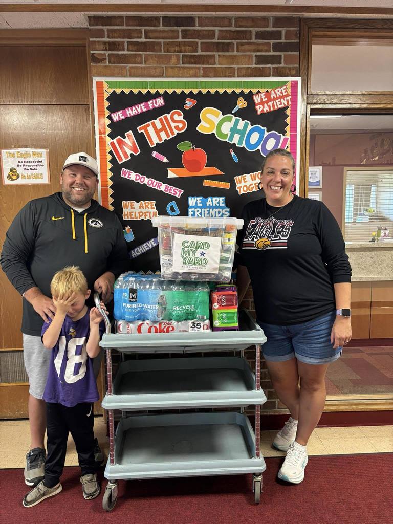 representatives from Card my Yard - Kieler drop off snacks and drinks for Elementary School staff