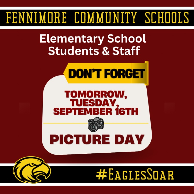 Picture day for elementary students Tuesday, September 16