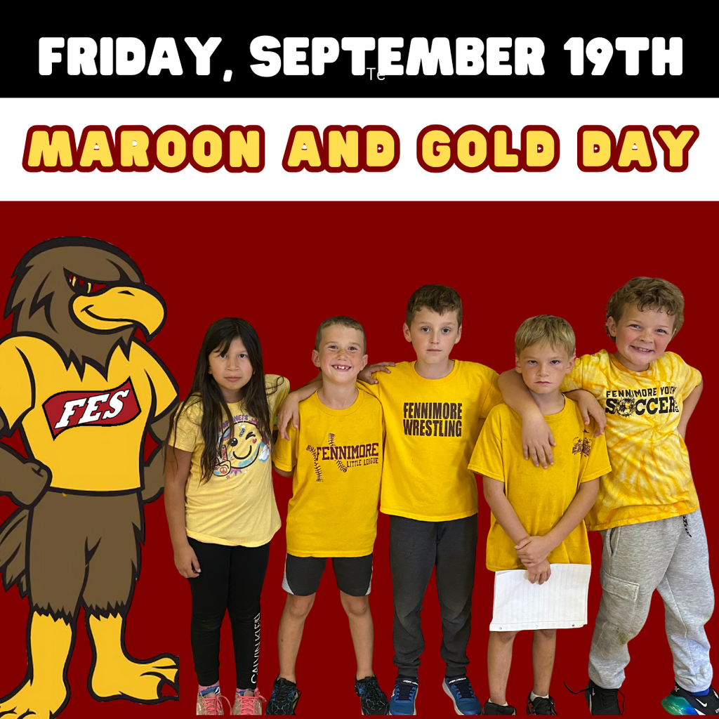 a standing eagle mascot next to FES students decked out in maroon and gold apparel