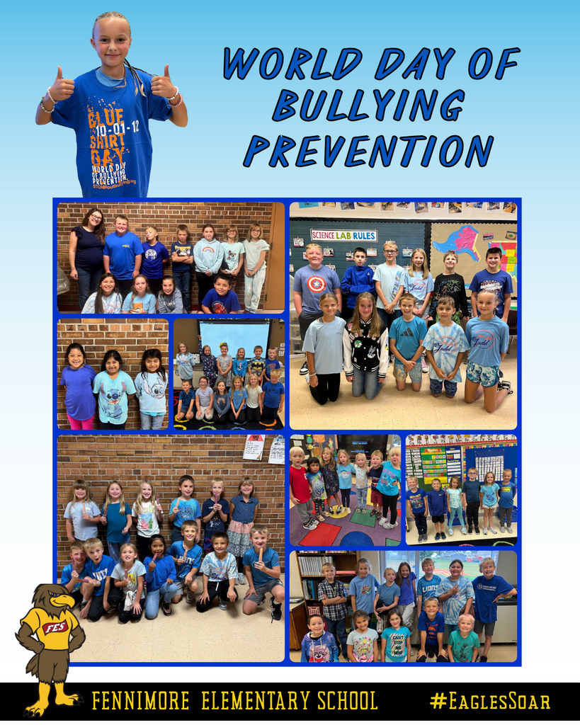 a collage of students that all have blue shirts on for bullying prevention day