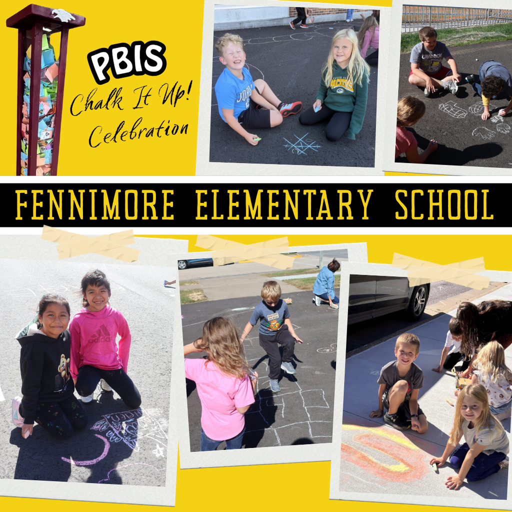 PBIS celebration of doing chalk outside on the sidewalk with a collage of several different pics of kids doing chalk art