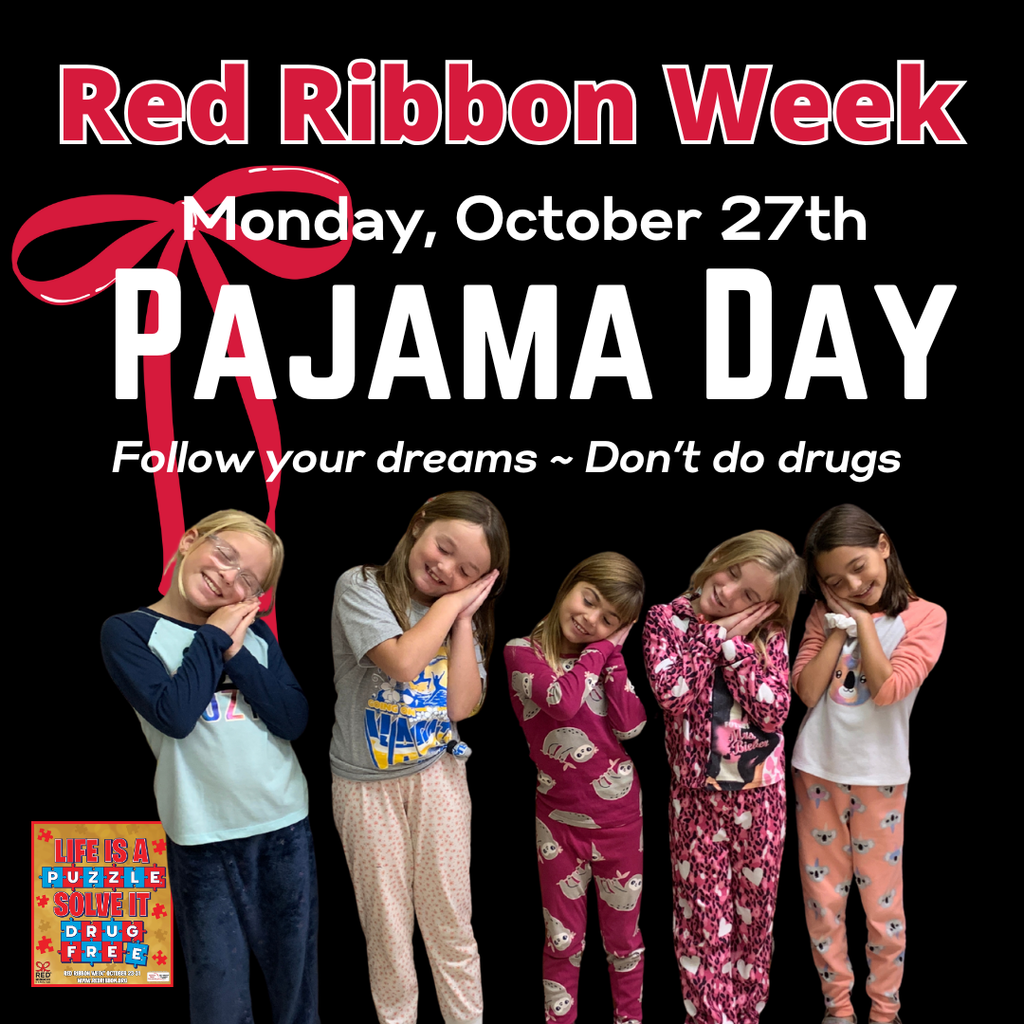 Monday October 27th is Pajama Day- with a picture of 5 girls in pjs pretending to sleep