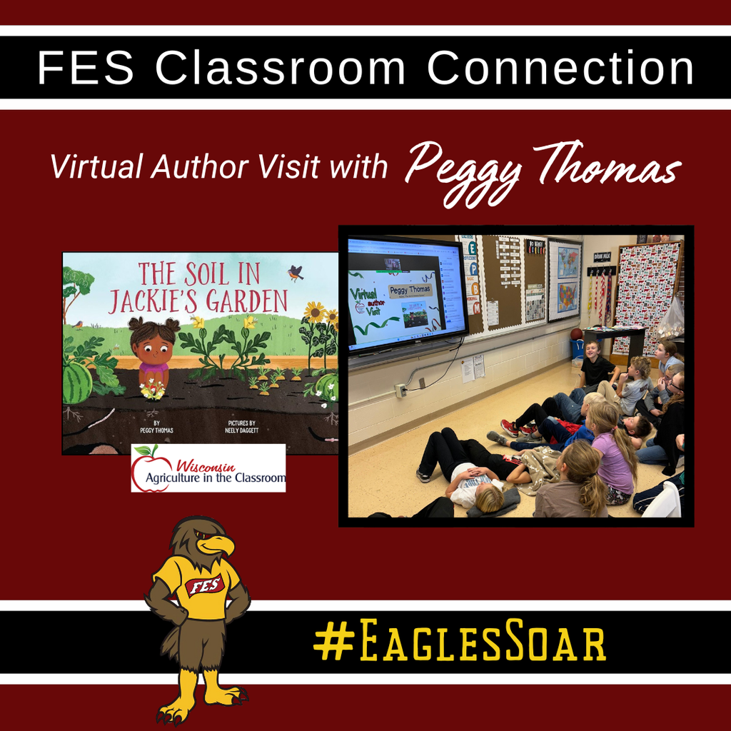 virtual author visit with picture of kids during the visit and the cover of the authors book: The soil in Jackie's garden