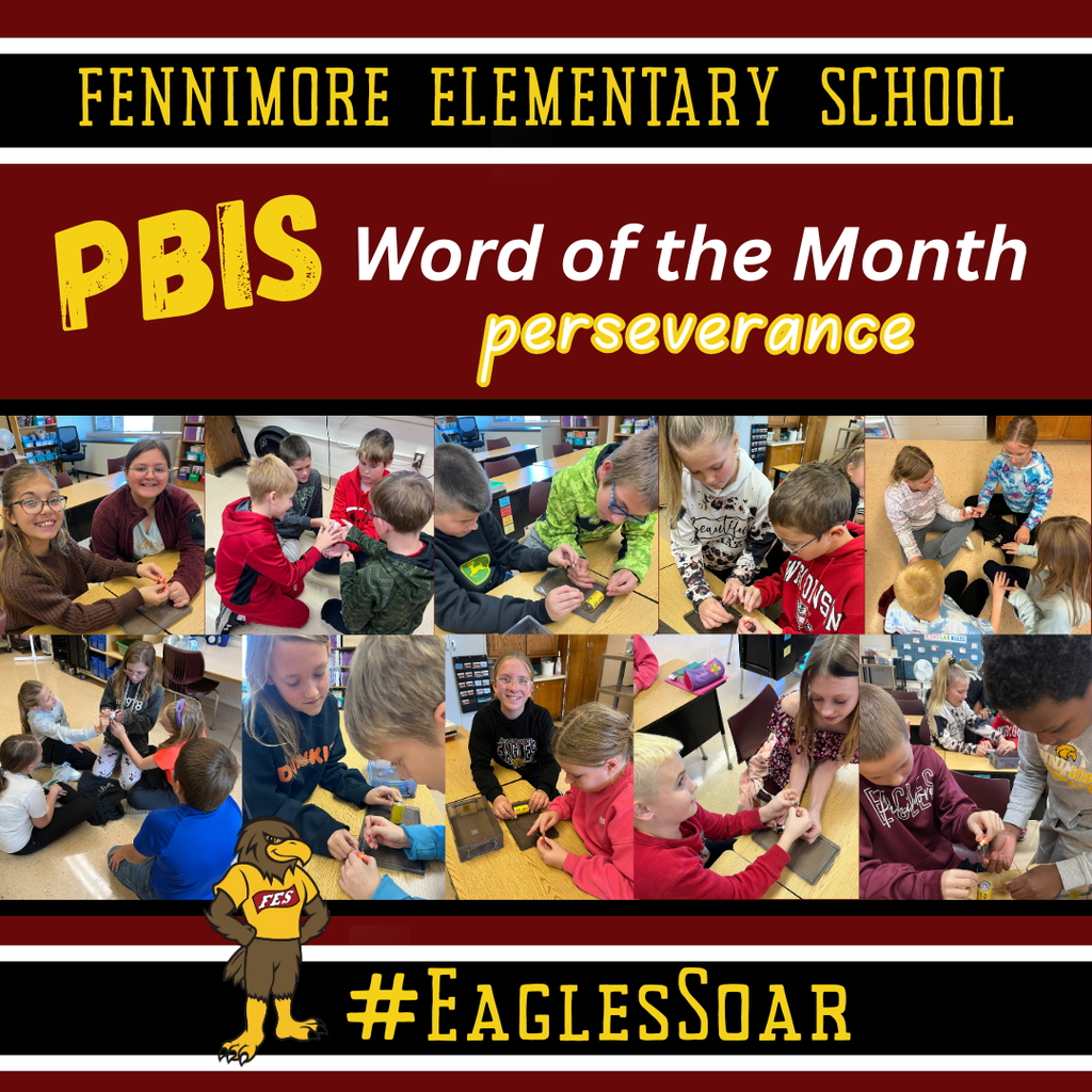 a collage of 5th grade students doing science experiments with the PBIS heading word of month perseverance