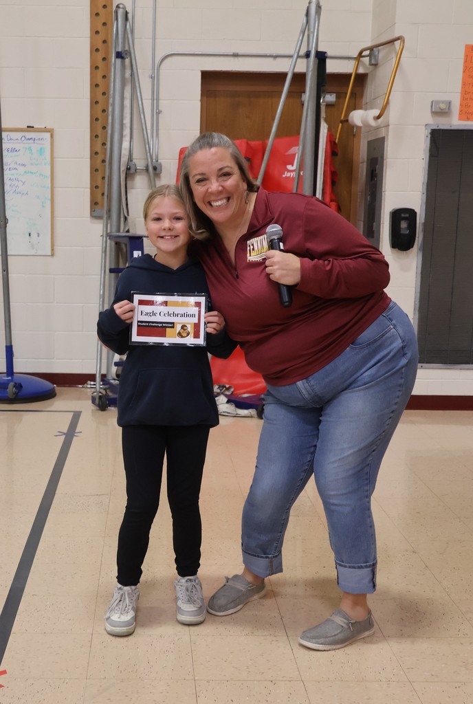 the winner of the straw marshmallow student challenge - Kendra, with the principal Mrs. Day