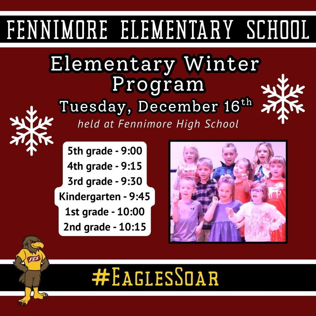 Fennimore Elementary school winter program - Tuesday, 12/16 with a picture of students from last year's program