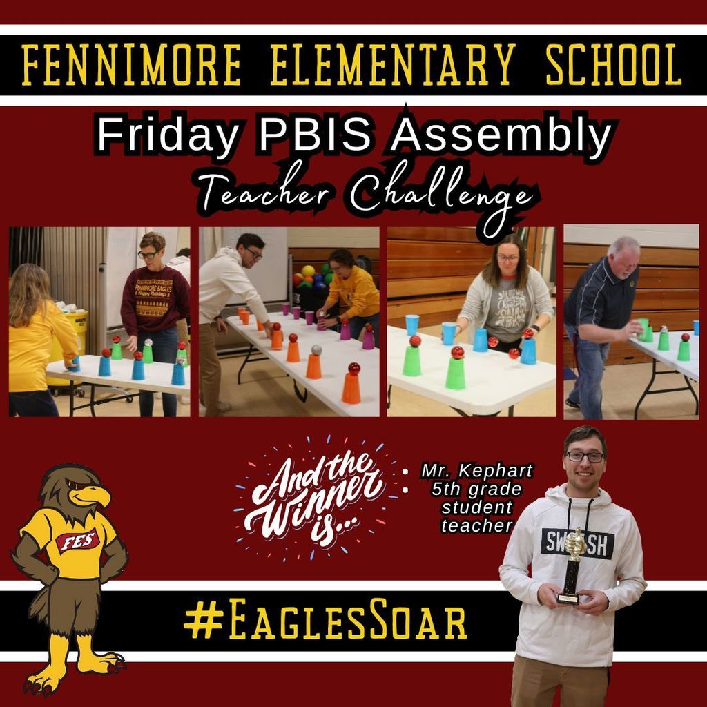 pbis teacher challenge with four pictures of teachers doing the challenge and a pic of the winner, Mr. Kephart holding the trophy