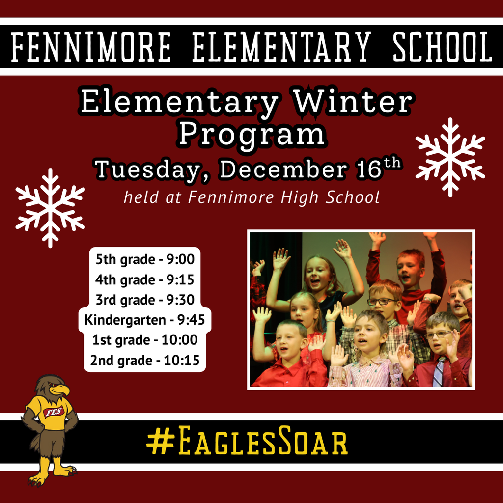 elementary winter program reminder- Dec. 16 with a throwback picture of this year's 5th graders singing when they were in 3rd grade