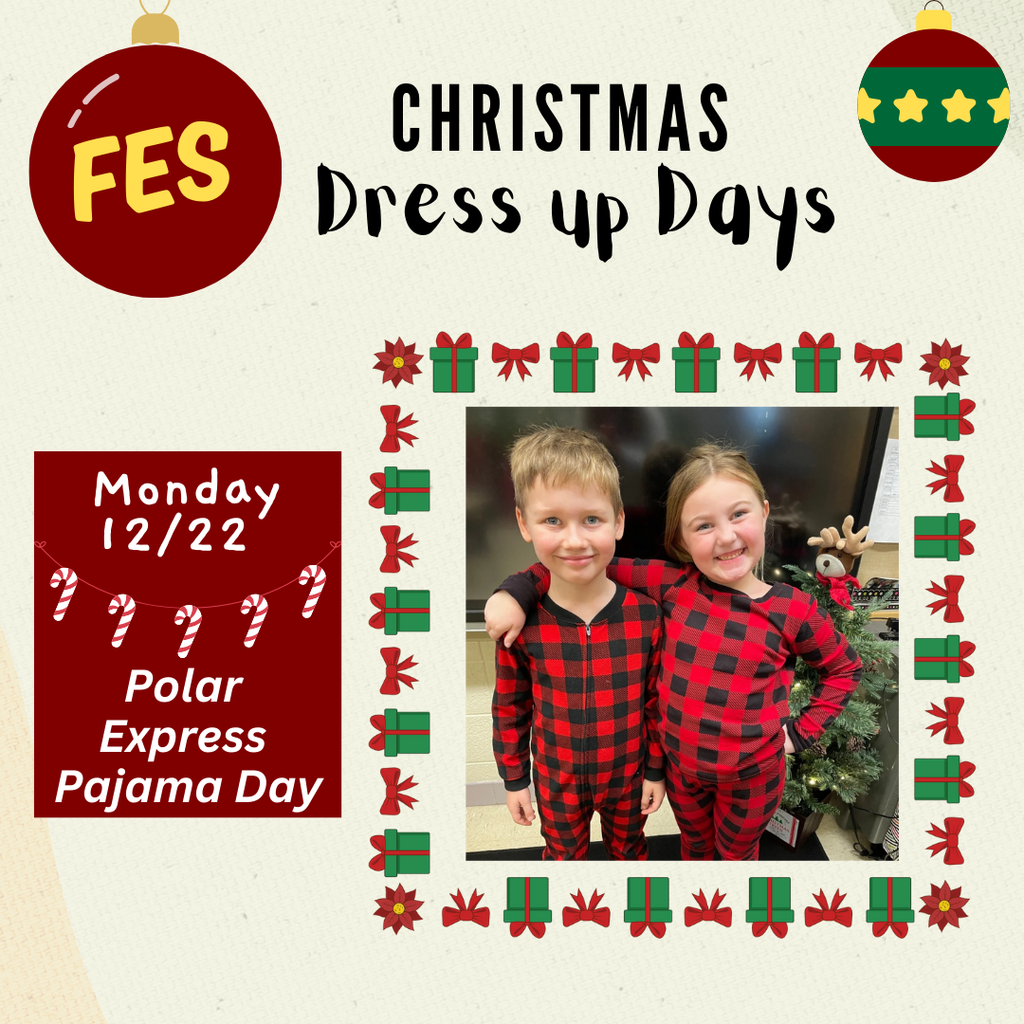 12/22 pajama day with a picture of 2 kids wearing pajamas