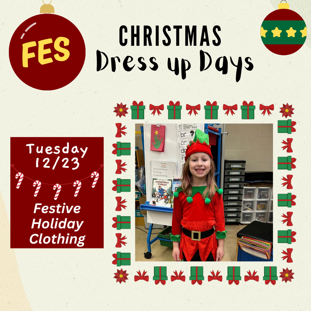 12/23 is festive holiday clothing day and a picture of a girl in an elf suit