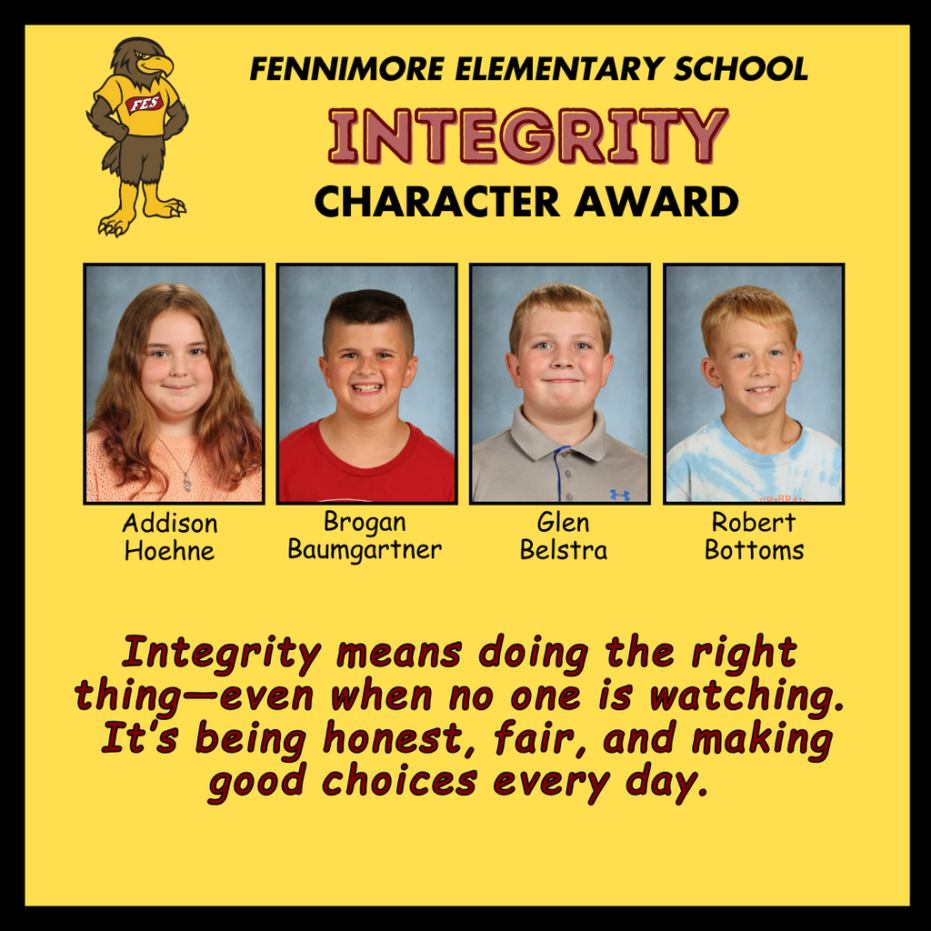 collage of students nominated for the integrity award along with words describing what integrity is