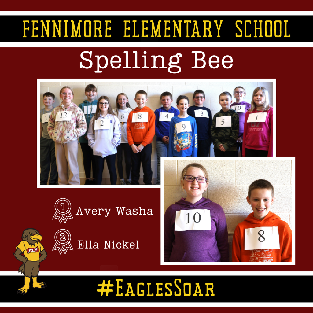FES spelling bee- picture of the 12 participants and then a picture of the 1st place and 2nd place spellers