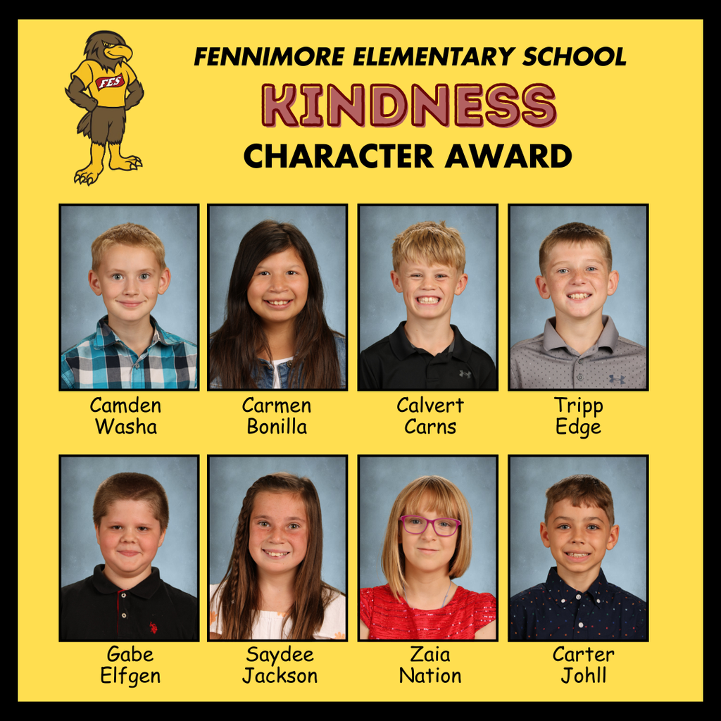 8 kindness winners for the character award for PBIS