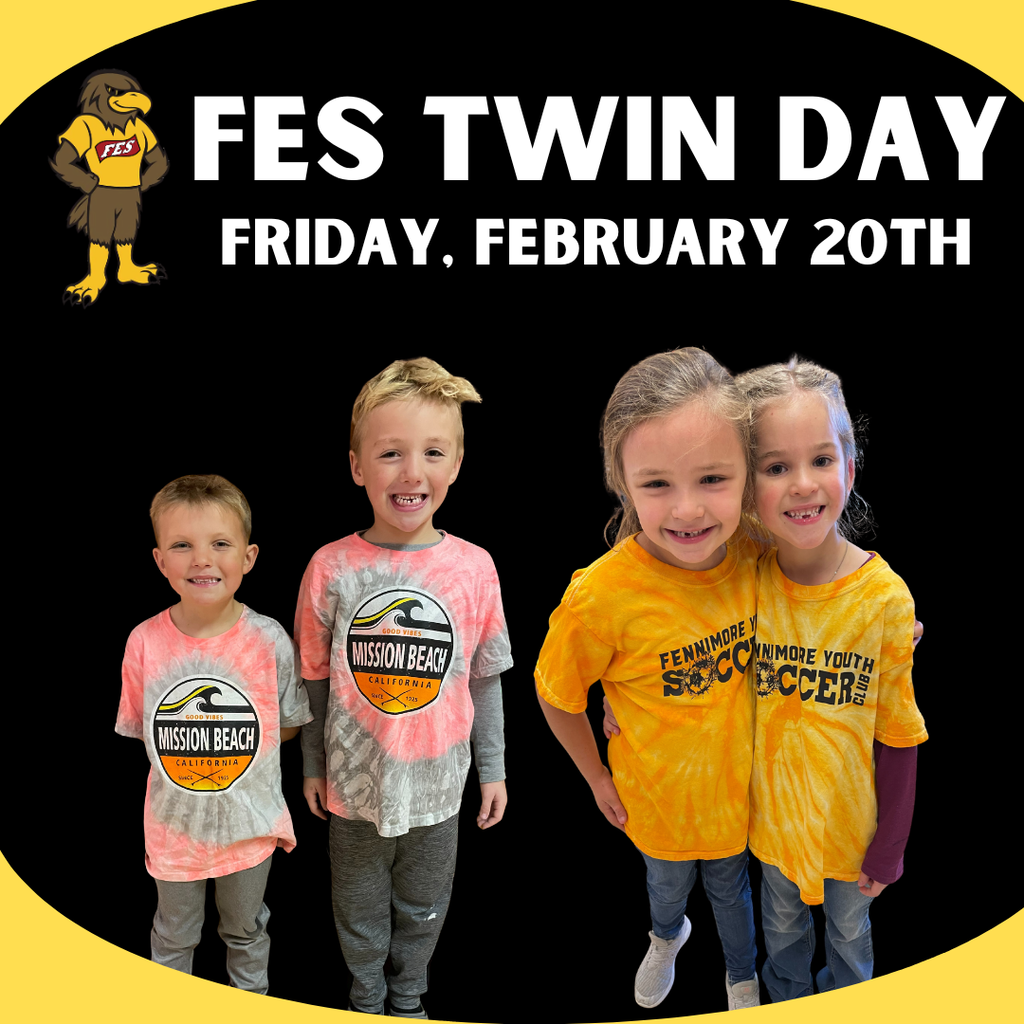twin day Feb 20th with pictures of 2 pairs of students dressed alike.