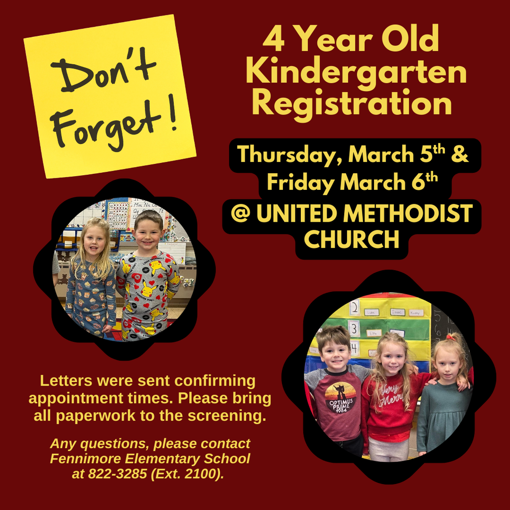 4K kindergarten screening thurs/fri march 5 and 6th at the United Methodist church