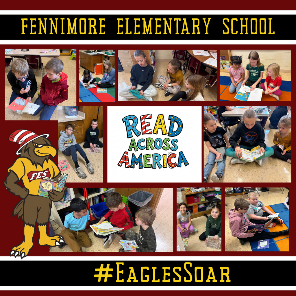 read across america week with pictures of 1st and 5th graders reading together