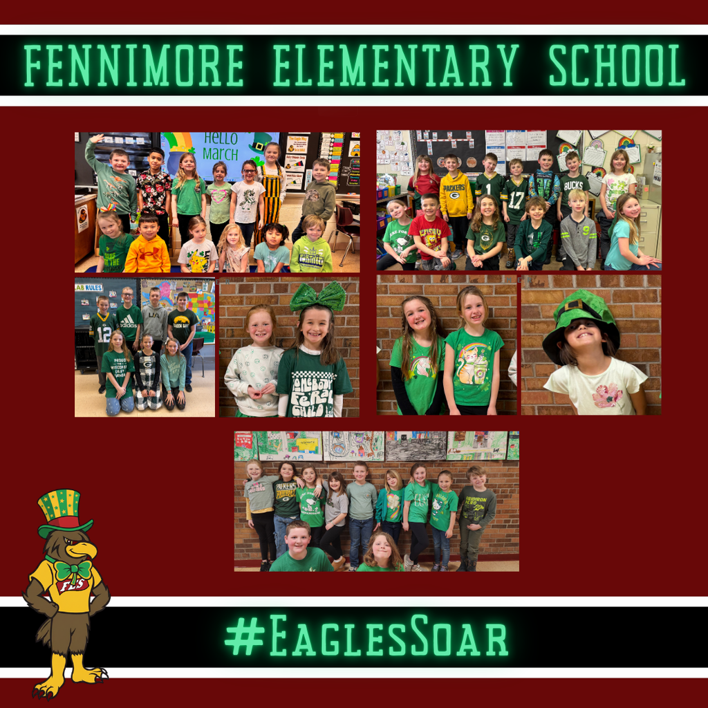 collage of pictures of students dress in green and gol;d yesterday