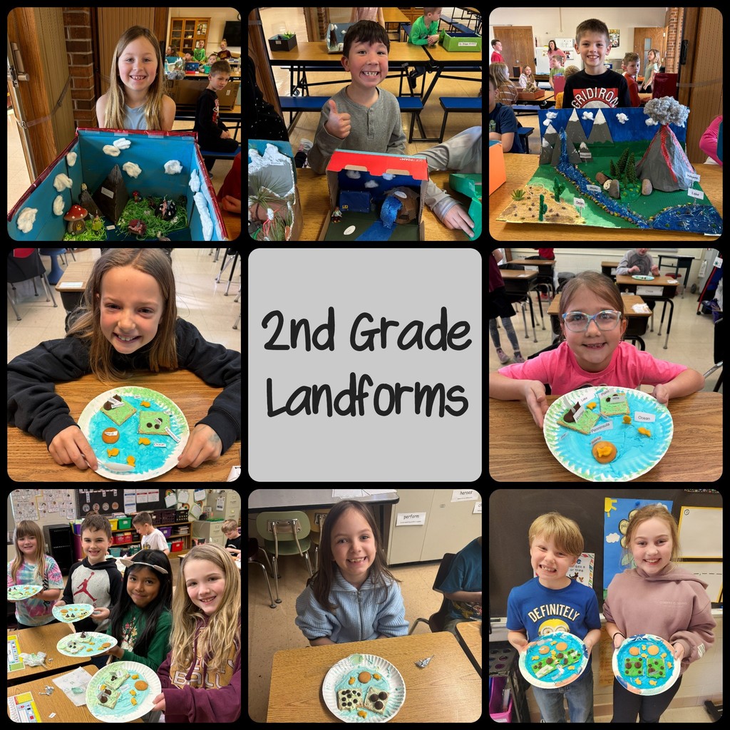 a collage of 2nd grade students landform dioramas and edible dioramas