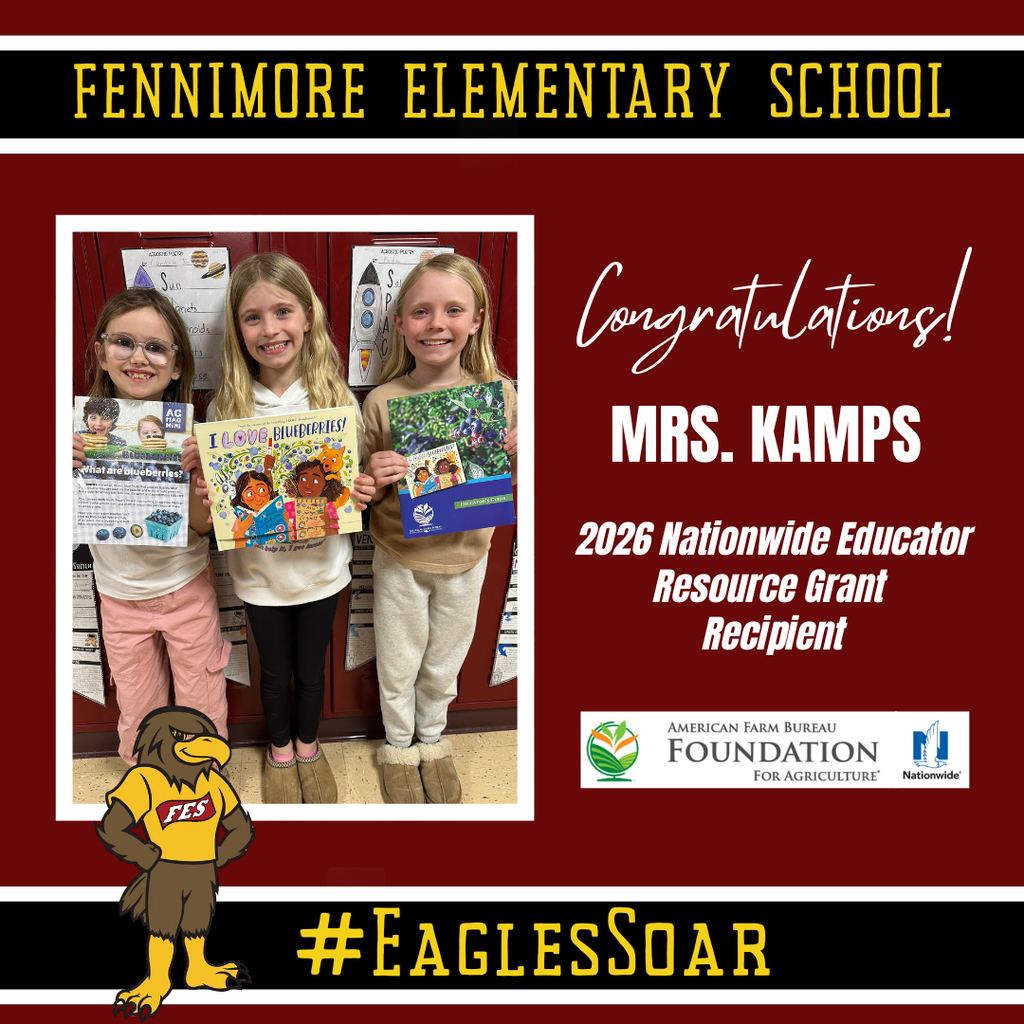 Mrs. Kamps - 2026 Nationwide Educator Resource Grant Recipient with a picture of 3 students holding up the resources