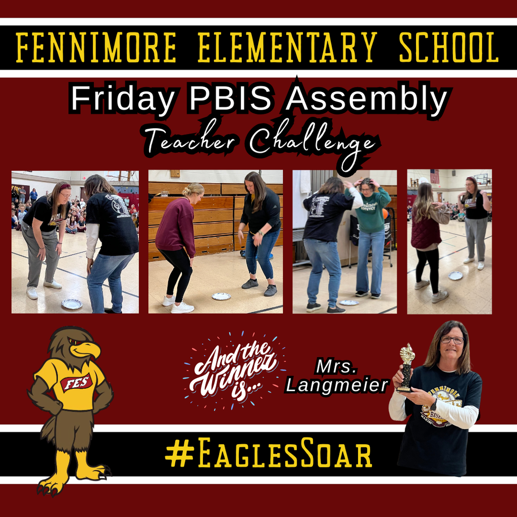 friday fennimore PBIS teacher challenge winner - Mrs. Langmeier with a pic of her holding trophy and other teachers competing.