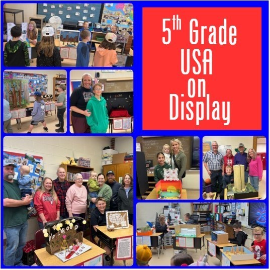 USA on display projects - fifth graders pictures with their displays and family members and other students