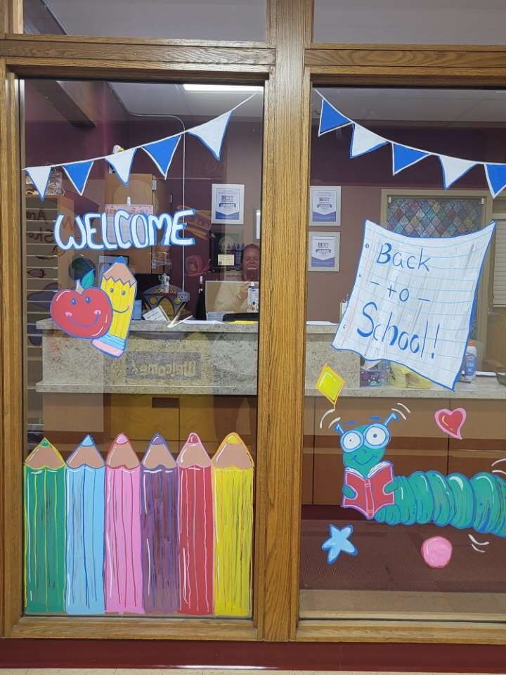 back to school window art in the office