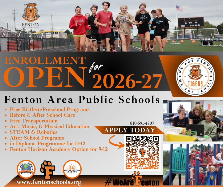 Enrollment is NOW OPEN for next school year at ALL grade levels, including our 9-12 Horizon Academy! Please visit www.fentonschools.org and select "Enrollment" at the top to get started! #EnrollNow #wearefenton #fentontigers #FentonHorizonAcademy
