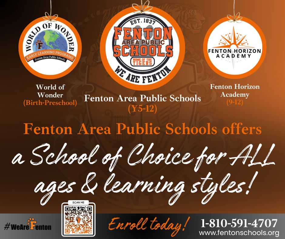 Enrollment is NOW OPEN for next school year at ALL grade levels, including our 9-12 Horizon Academy! Please visit www.fentonschools.org and select "Enrollment" at the top to get started! #EnrollNow #wearefenton #fentontigers #FentonHorizonAcademy