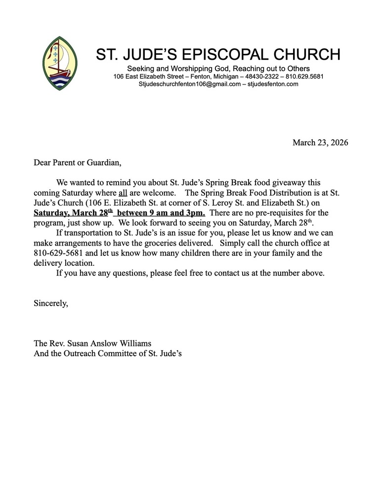 St. Jude's Spring Break Food Giveaway Letter