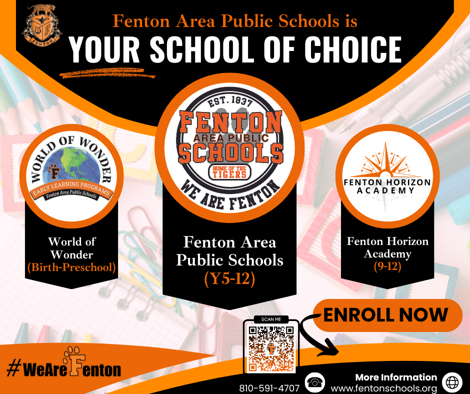 Enrollment is NOW OPEN for next school year at ALL grade levels, including our 9-12 Horizon Academy! Please visit www.fentonschools.org and select "Enrollment" at the top to get started! #EnrollNow #wearefenton #fentontigers #FentonHorizonAcademy