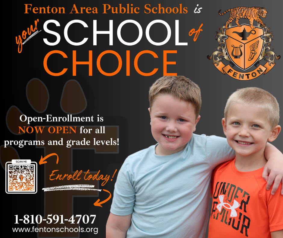 Enrollment is NOW OPEN for next school year at ALL grade levels, including our 9-12 Horizon Academy!  Please visit www.fentonschools.org and select "Enrollment" at the top to get started! #EnrollNow #wearefenton #fentontigers #FentonHorizonAcademy 
