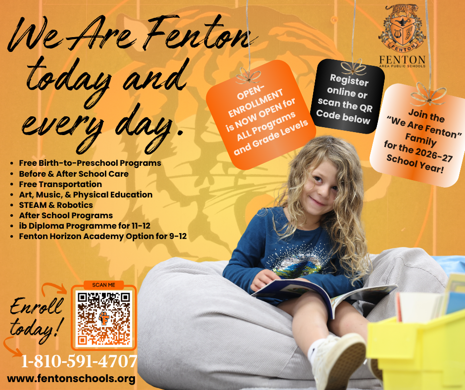 Enrollment is NOW OPEN for next school year at ALL grade levels, including our 9-12 Horizon Academy!  Please visit www.fentonschools.org and select "Enrollment" at the top to get started! #EnrollNow #wearefenton #fentontigers #FentonHorizonAcademy 