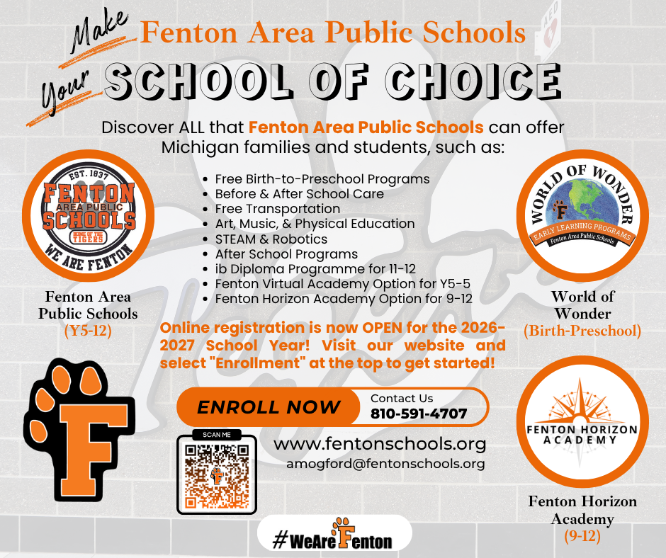 Enrollment is NOW OPEN for next school year at ALL grade levels, including our 9-12 Horizon Academy! Please visit www.fentonschools.org and select "Enrollment" at the top to get started! #EnrollNow #wearefenton #fentontigers #FentonHorizonAcademy