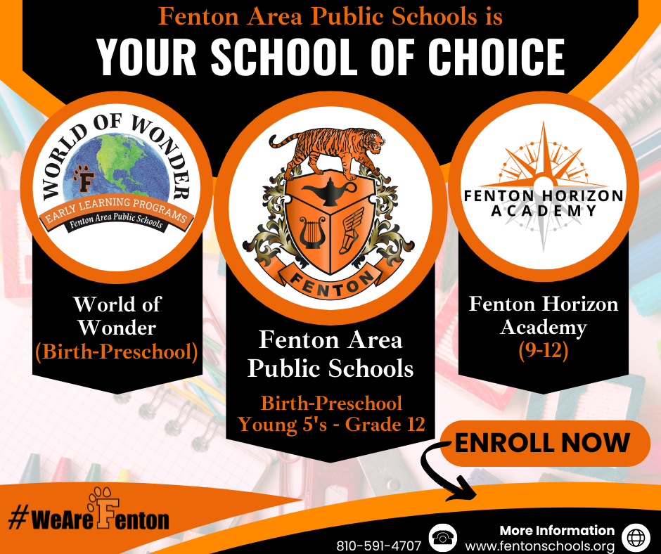 Enrollment is NOW OPEN for next school year at ALL grade levels, including our 9-12 Horizon Academy!  Please visit www.fentonschools.org and select "Enrollment" at the top to get started! #EnrollNow #wearefenton #fentontigers #FentonHorizonAcademy 