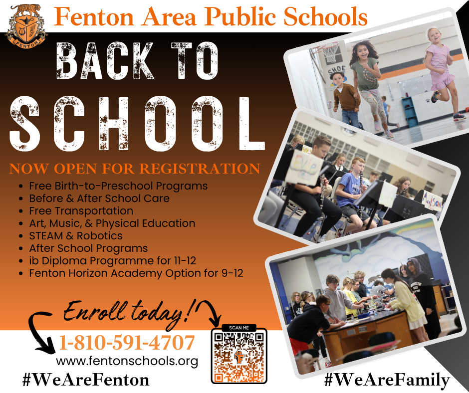 Enrollment is NOW OPEN for next school year at ALL grade levels, including our 9-12 Horizon Academy! Please visit www.fentonschools.org and select "Enrollment" at the top to get started! #EnrollNow #wearefenton #fentontigers #FentonHorizonAcademy