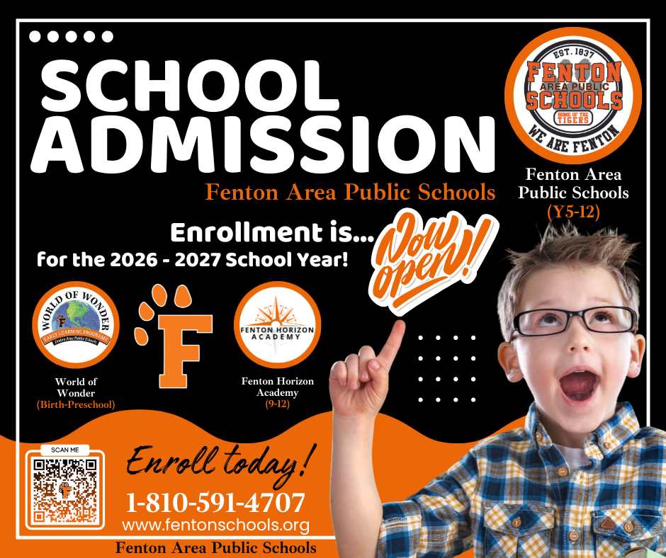 Enrollment is NOW OPEN for next school year at ALL grade levels, including our 9-12 Horizon Academy!  Please visit www.fentonschools.org and select "Enrollment" at the top to get started! #EnrollNow #wearefenton #fentontigers #FentonHorizonAcademy 