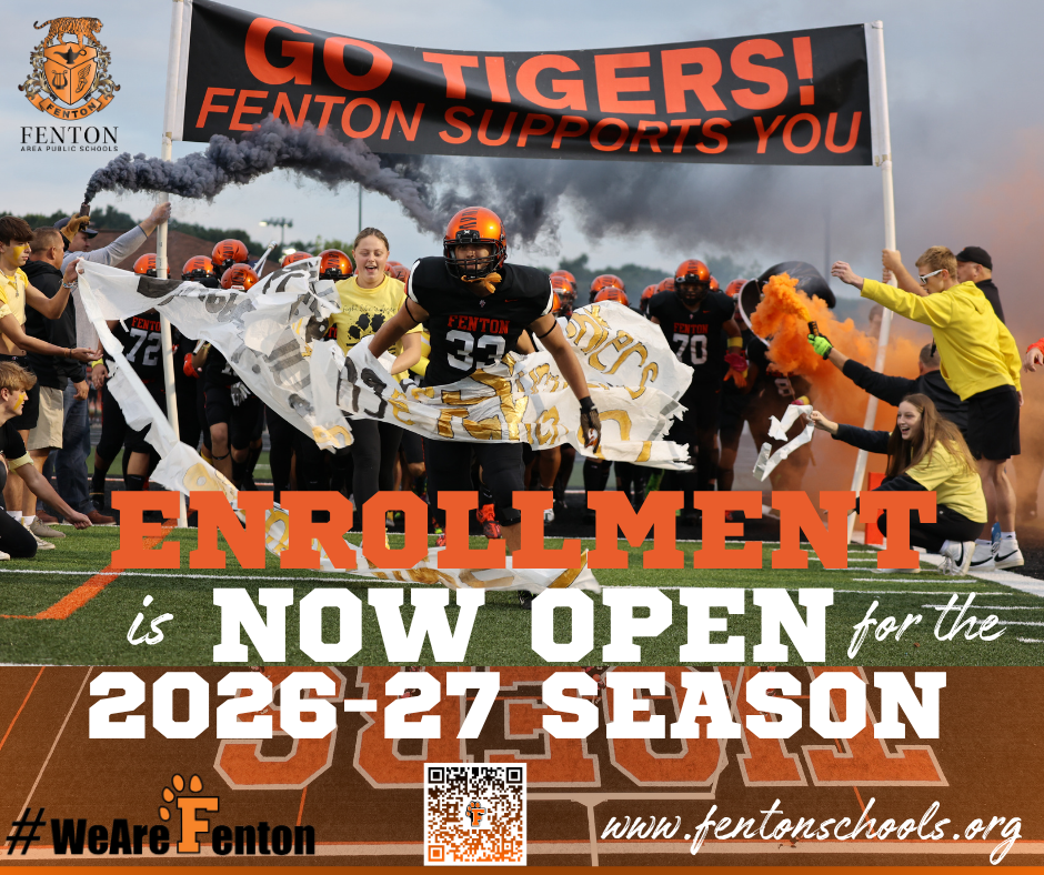 Enrollment is NOW OPEN for next school year at ALL grade levels, including our 9-12 Horizon Academy!  Please visit www.fentonschools.org and select "Enrollment" at the top to get started! #EnrollNow #wearefenton #fentontigers #FentonHorizonAcademy 