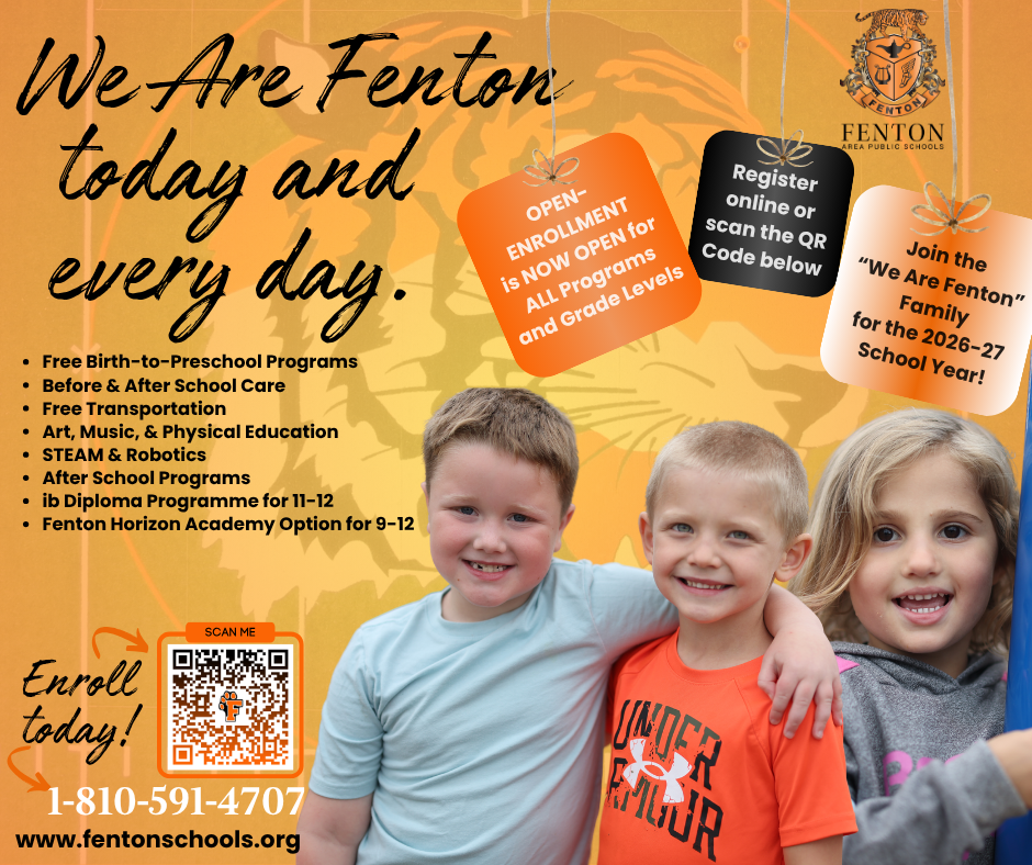 Enrollment is NOW OPEN for next school year at ALL grade levels, including our 9-12 Horizon Academy! Please visit www.fentonschools.org and select "Enrollment" at the top to get started! #EnrollNow #wearefenton #fentontigers #FentonHorizonAcademy