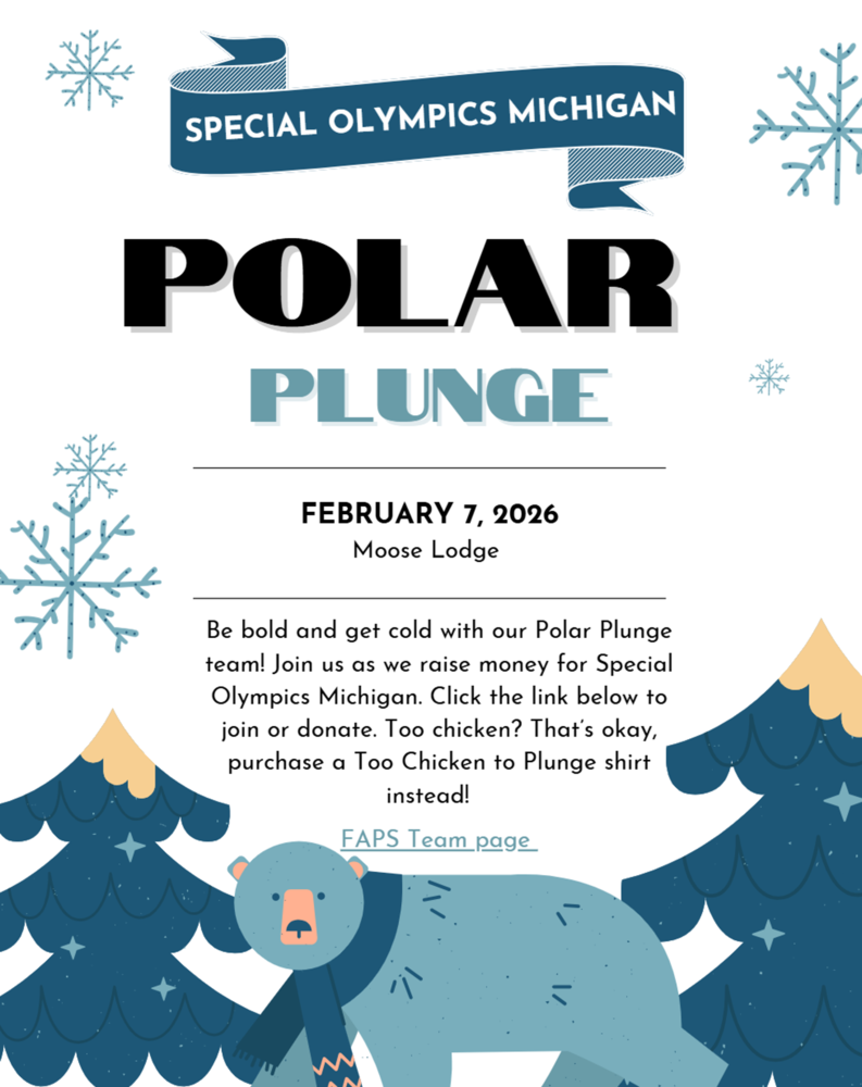 Polar Plunge flyer for Special Olympics. February 7, 2026 at the Moose Lodge in Fenton, MI.