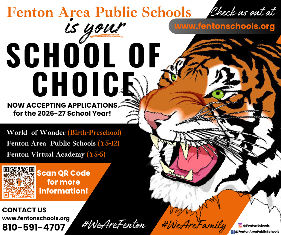 Enrollment is NOW OPEN for next school year at ALL grade levels, including our 9-12 Horizon Academy!  Please visit www.fentonschools.org and select "Enrollment" at the top to get started! #EnrollNow #wearefenton #fentontigers #FentonHorizonAcademy 