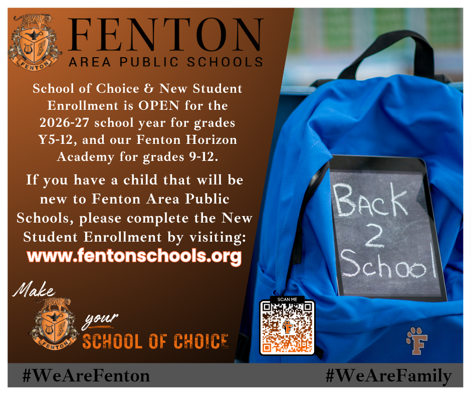 Enrollment is NOW OPEN for next school year at ALL grade levels, including our 9-12 Horizon Academy! Please visit www.fentonschools.org and select "Enrollment" at the top to get started! #EnrollNow #wearefenton #fentontigers #FentonHorizonAcademy