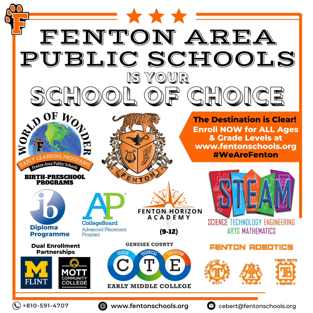 School of Choice graphic. Fenton Schools is your school of choice. The destination is clear. Enroll now for all ages and grade leves at www.fentonschools.org. #wearefenton.