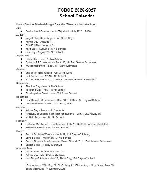 FCBOE School Calendar 2026-2027