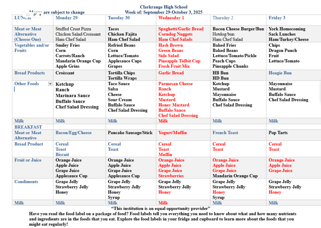 CHS Lunch Menu