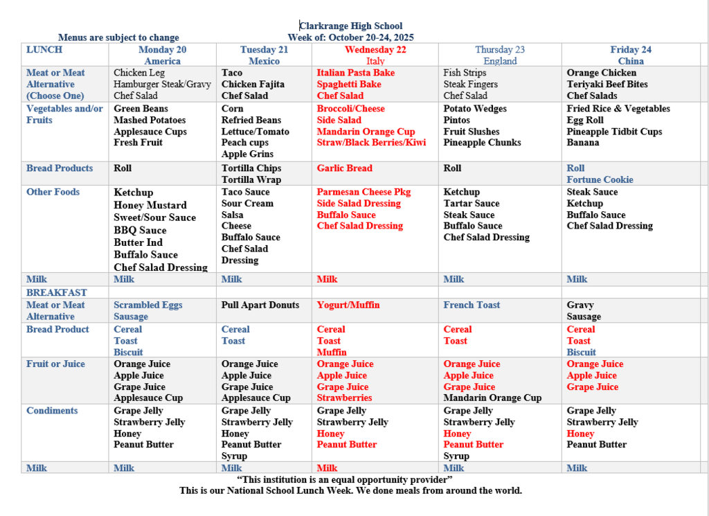 CHS Menu 10/20-10/24