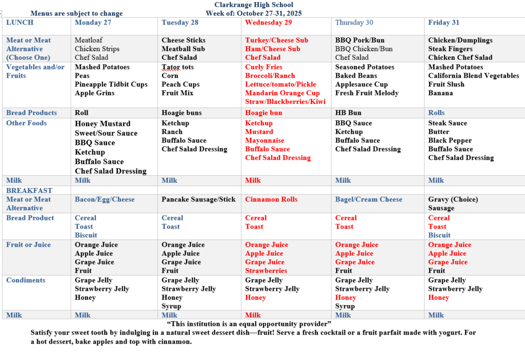 CHS Menu 10/27-10/31