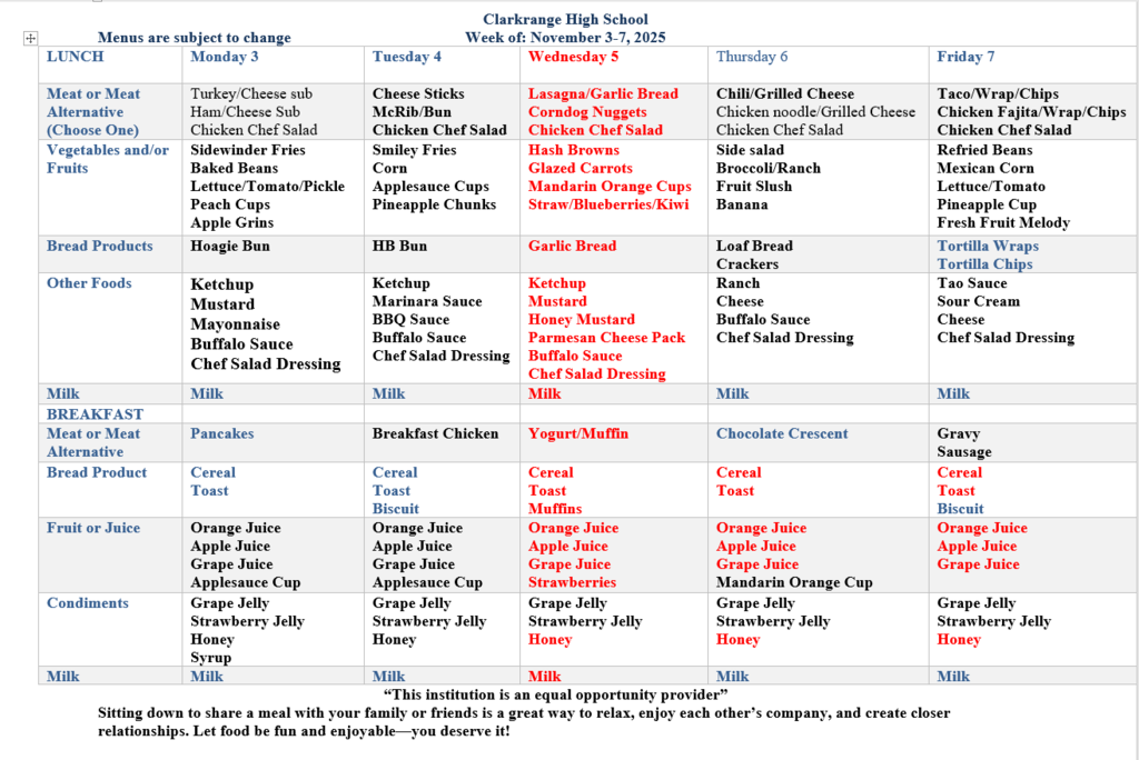 CHS Menu 11/3-11/7