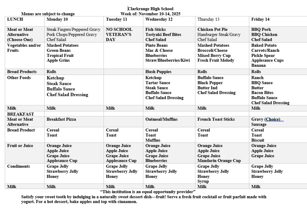 CHS Breakfast & Lunch Menu 11/10-11/14/25