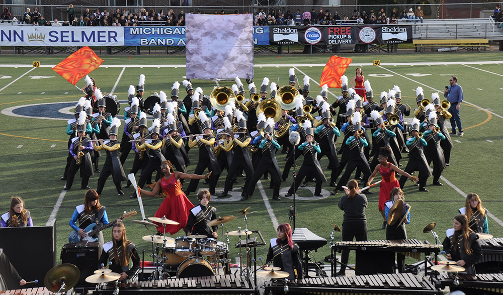 marching band performs on the field
